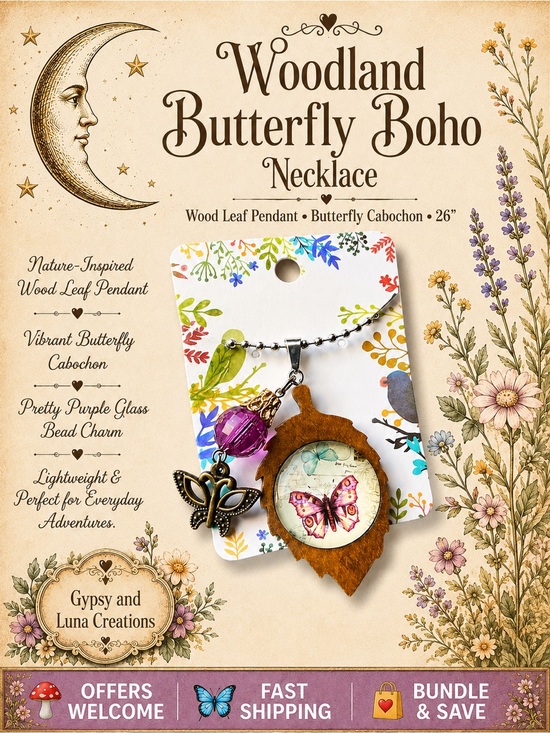 gypsy and luna creations Jewelry - Handcrafted Wooden Leaf Butterfly Necklace Boho Nature Inspired 26”